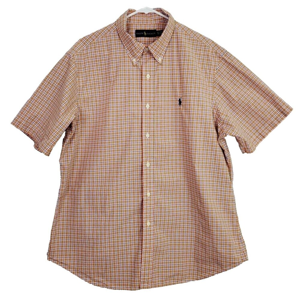 Polo Ralph Lauren Men's Button Up Shirt Short Sleeve Plaid Orange Green Size XL